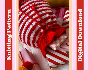 Knitting pattern - Striped Santa Sack, digital pattern, confident beginner level, knit your own Santa Sack, Christmas knitting project