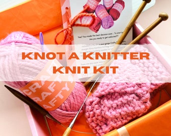 Knot A Knitter Knit Kit, beginner knit kit, get started with knitting, everything you need to learn knit, stockinette, rib and moss stitch