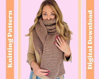 May include: A brown knitted scarf with a textured stitch pattern. The scarf is worn by a person with long brown hair. The image is framed by a white rectangle with the text "Knitting Pattern" on the left and "Digital Download" on the right.