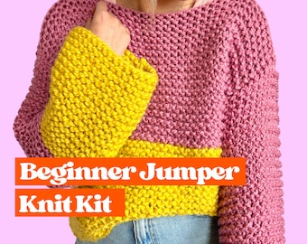 Beginner Jumper Knit Kit, super eenvoudig trui breipakket, brei je eigen trui, veganistisch vriendelijk, ontworpen voor beginnende breiers