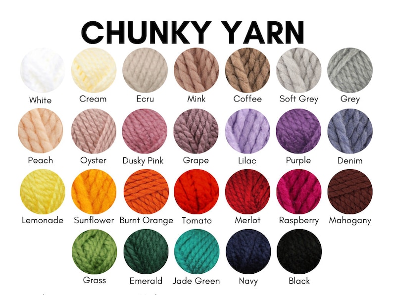 May include: A colour chart of chunky yarn in 20 different colours. The colours are arranged in rows and include white, cream, ecru, mink, coffee, soft grey, grey, peach, oyster, dusky pink, grape, lilac, purple, denim, lemonade, sunflower, burnt orange, tomato, merlot, raspberry, mahogany, grass, emerald, jade green, navy, and black.