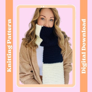May include: A knitting pattern for a black and white striped scarf. The scarf is shown being worn by a person with long brown hair.