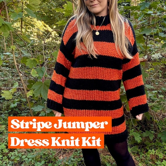 chunky knitted jumper dress Knitting Kit | Stripe Knit Kit | Easy Jumper dress Knitting Kit | Knit your own sweater dress Cream jumper