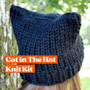 Knitting Kit - Cat In The Hat Knit Kit, learn to knit with this beginner friendly knitting kit, bobble hat knit kit, knit your own cat hat