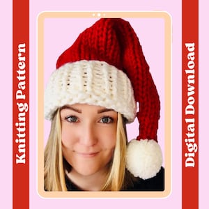 May include: A digital download knitting pattern for a white and red Santa hat with a white pom pom.