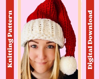 Knitting pattern - Chunky Santa Hat, digital pattern, confident beginner level, knit your own Santa Hat, Christmas knitting project