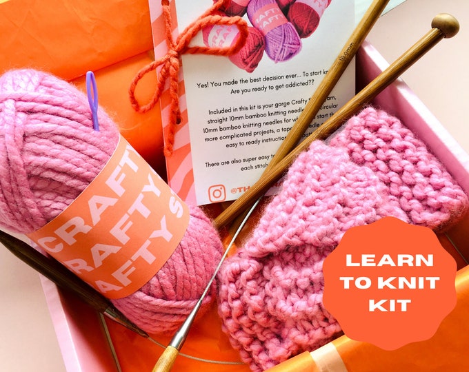 Knot A Knitter Knit Kit, complete beginner knit kit, get started with knitting, everything you need to learn knit, stockinette, rib and moss