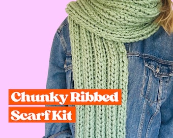 May include: A chunky ribbed scarf kit in a light green color. The scarf is made of a soft, thick yarn and is perfect for keeping warm in the winter.