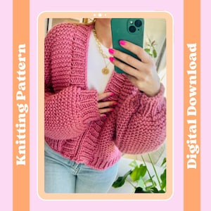 May include: A pink knitted cardigan with a V-neck and long sleeves. The cardigan is cropped and has a relaxed fit. The image includes the text "Knitting Pattern" and "Digital Download".