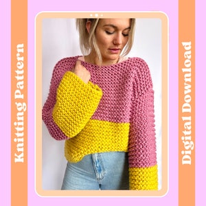 May include: A knitting pattern for a pink and yellow sweater with a cropped length and bell sleeves. The pattern is available as a digital download.