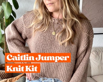 The Caitlin Jumper Knitting Kit, complete DIY knitting kit, beginner friendly jumper knitting pattern, knit your own sweater, easy jumper