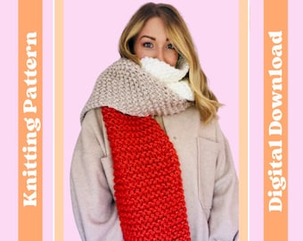 May include: A digital download knitting pattern for a scarf with a red and beige color scheme. The scarf is worn by a person with long blonde hair.