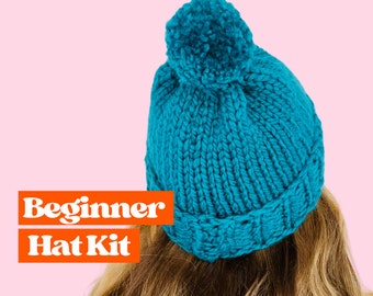 Beginner bobble hat knit kit, learn to knit with this beginner friendly knitting kit, beanie hat knit kit, the perfect christmas gift