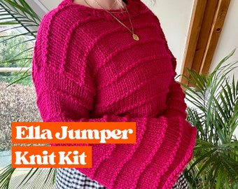 Chunky Jumper Knitting Kit, intermediate level jumper knit kit, knit your own sweater, cropped sweater with flared sleeves, vegan friendly