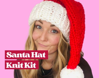 Chunky Santa hat knit kit, Christmas Santa hat knit kit, beginner friendly santa hat kit, Father Christmas hat, learn to knit kit