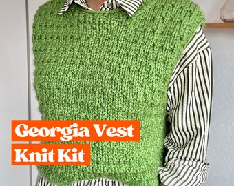 Textured chunky sweater vest knitting kit, intermediate knit kit, knitted vest pattern, vegan friendly knitting kit