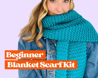 Beginner Blanket Scarf Kit, learn to knit blanket scarf with tassles, beginner friendly easy knit kit, everything included in the kit