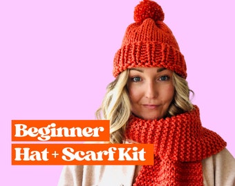 Scarf & Hat Knit Kit, learn to knit kit, knit your own matching scarf and hat set with this beginner knitting kit, perfect christmas gift