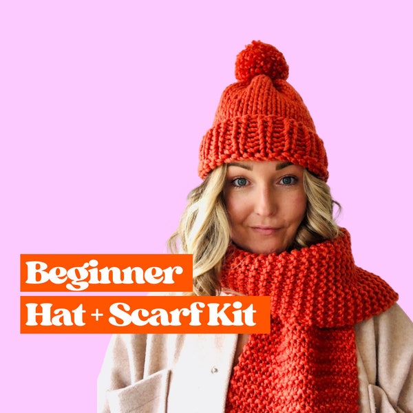 Kit écharpe et bonnet, kit d'apprentissage du tricot, tricotez votre propre ensemble écharpe et bonnet assortis avec ce kit de tricot pour débutant, cadeau de Noël parfait