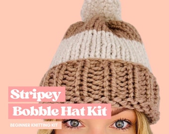 Stripe bobble hat knitting kit, beginner friendly knit kit, knit your hat, learn to knit, vegan friendly knitting kit, chunky knit kit