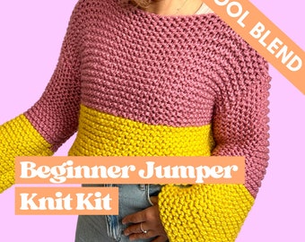 Wool Blend Beginner Jumper Knit Kit, super easy jumper knitting kit, knit your own sweater, beginner friendly, designed for beginners