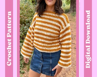 May include: A crochet pattern for a striped sweater. The sweater is a mustard yellow and white horizontal striped pattern. The text "Crochet Pattern" and "Digital Download" are on the image.