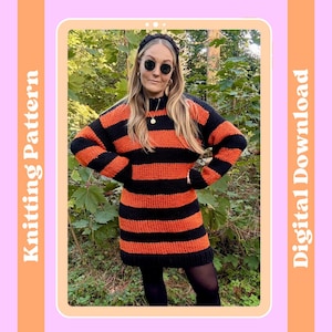 May include: A black and orange striped knitted dress with long sleeves and a mock neck. The words "Knitting Pattern" and "Digital Download" are on the left and right sides of the image. The woman is wearing a black headband.