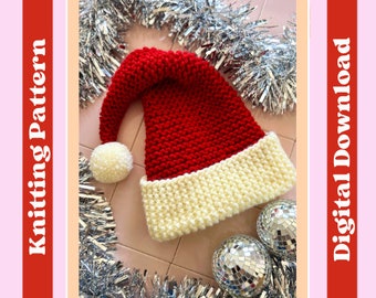 Knitting pattern - Easy Santa Hat, digital pattern, confident beginner level, knit your own Santa Hat, Christmas knitting project