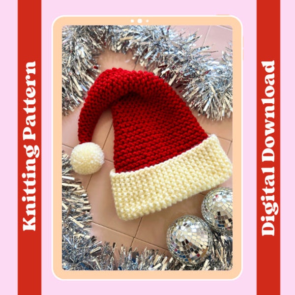 Knitting pattern - Easy Santa Hat, digital pattern, confident beginner level, knit your own Santa Hat, Christmas knitting project