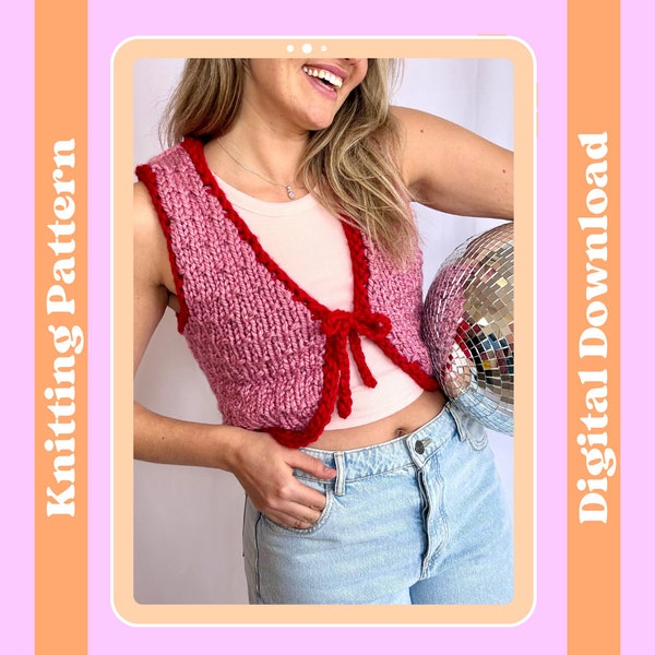 KNITTING PATTERN - The Georgia Waistcoat | Chunky V-neck Knitted Waistcoat With Tie Front | Intermediate Level Digital Knitting Pattern