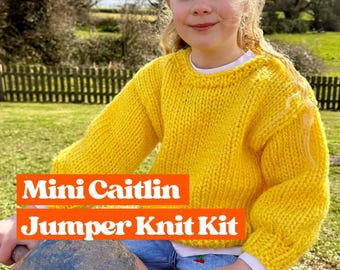 Mini Caitlin Jumper Knit Kit, super easy Childs sweater knitting kit, knit your own kids jumper, designed for beginner knitters