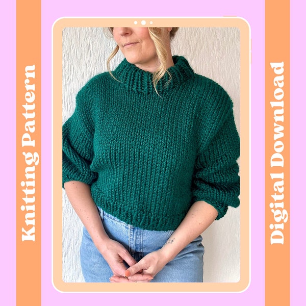 Chunky Cropped Jumper Digital Knitting Pattern, easy sweater knitting pattern, jumper for beginners, chunky sweater knitting pattern