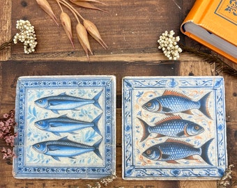 2 Antique Fish Tiles, Natural Stone Coasters Portuguese Tiles
