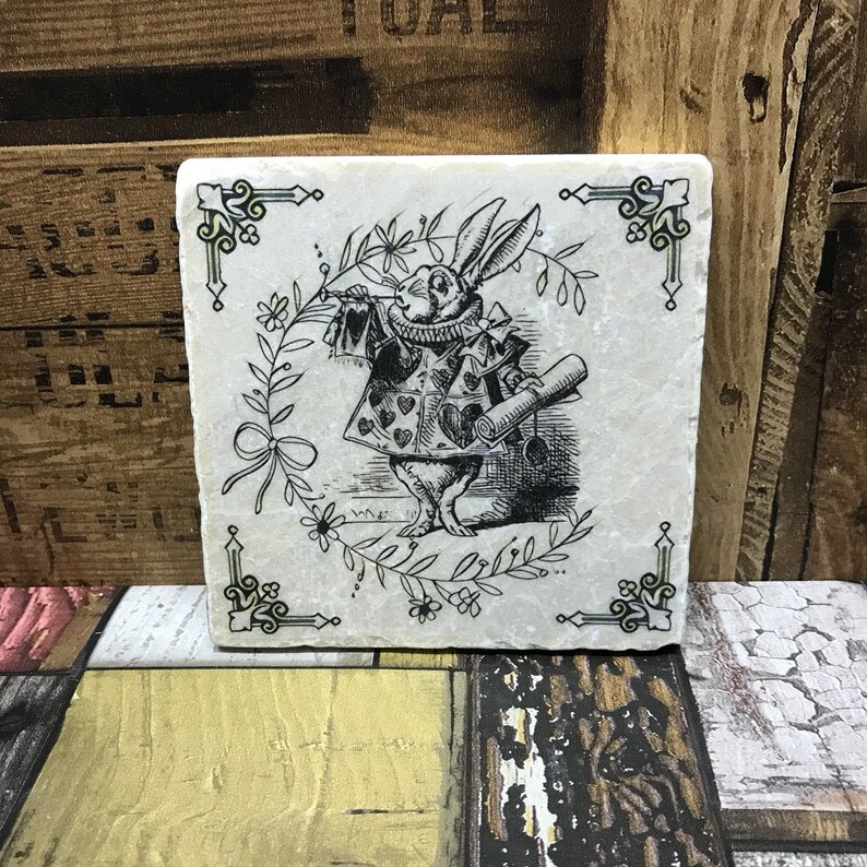 Alice in Wonderland Natural Stone Coasters Finish with a Gold Edging 画像 5