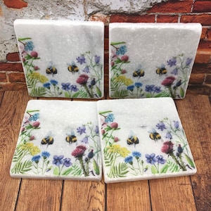 Watercolour Wild Meadow Bees Natural Stone Coasters
