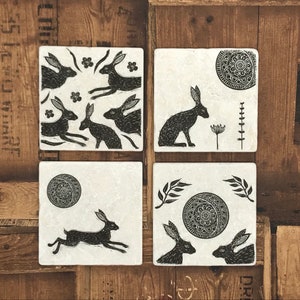Linocut Hares Watership Down Rabbits Natural Stone Coasters
