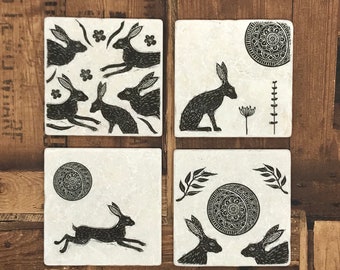 Linocut Hares Watership Down Rabbits Natural Stone Coasters