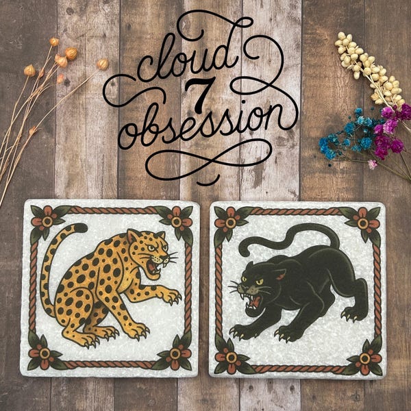 2 leopard and Panther Traditional Tattoo Natural Stone Coasters