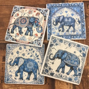 Antique Indian Elephant Natural Stone Coasters Delft Tiles, Boho Moroccan