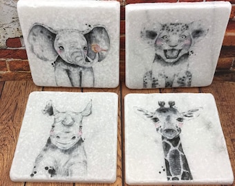 Safari Babies Hand Drawn Baby Animals Natural Stone Coasters Giraffe Lion