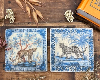 2 Antique Leopard Tiles, Natural Stone Coasters Portuguese Tiles