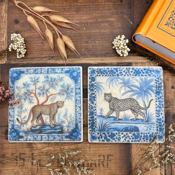 2 Azulejos antiguos con diseño de leopardo, posavasos de piedra natural, azulejos portugueses