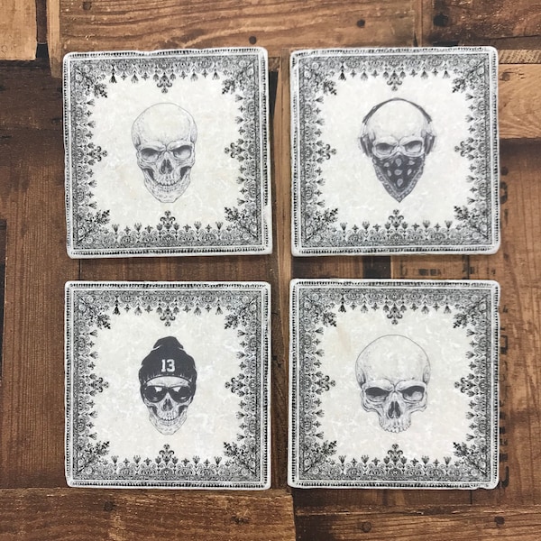 Skull Natural Stone Coasters Finished with a Gold Edging
