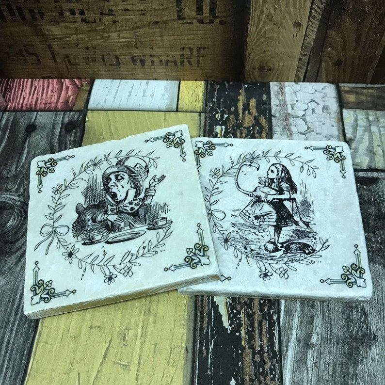 Alice in Wonderland Natural Stone Coasters Finish with a Gold Edging 画像 7