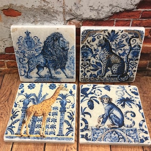 Jungle Delft Blue watercolour Marble Natural Stone Coasters