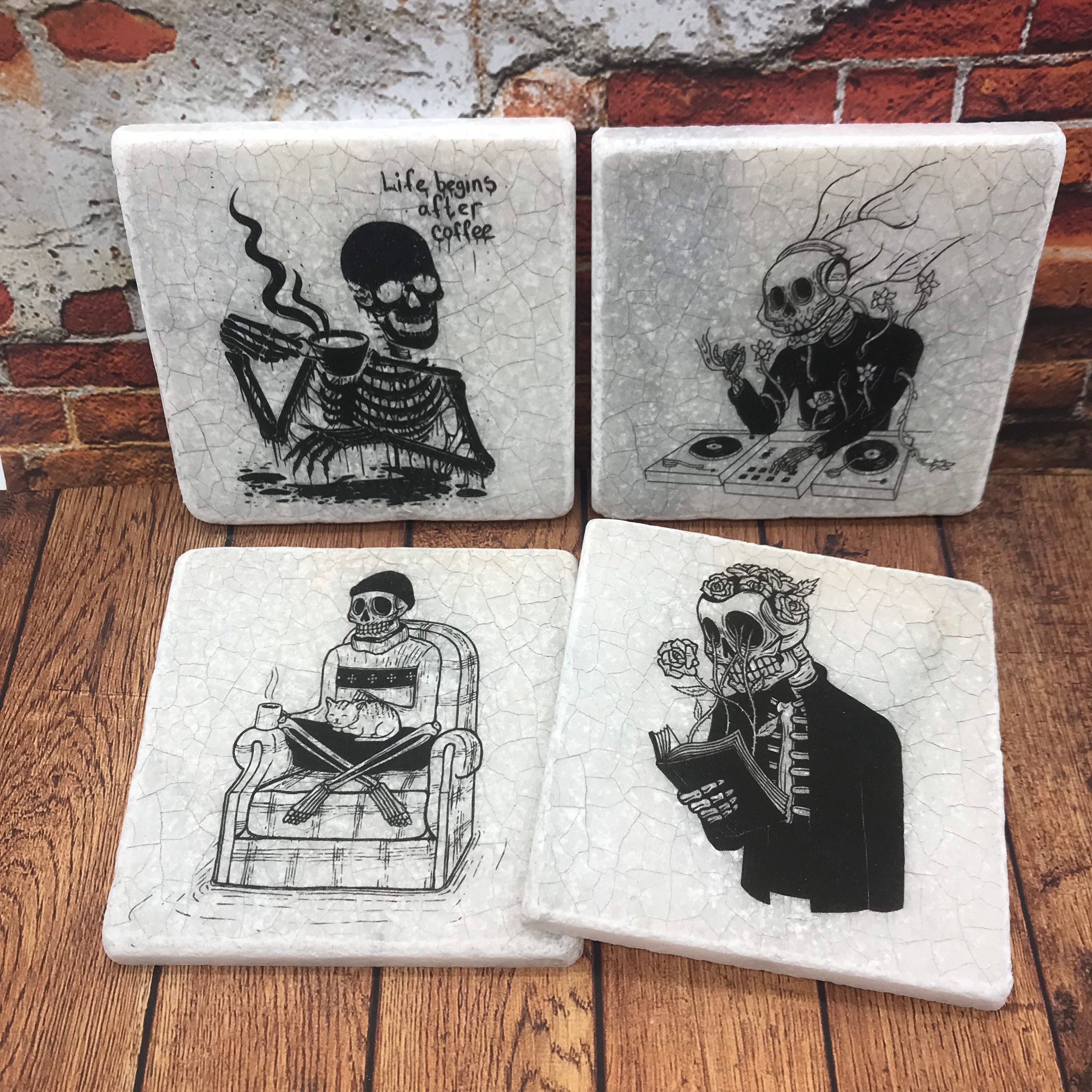 Skeleton Natural Stone Coasters Skulls Coffee