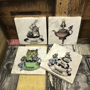 Alice in Wonderland Natural Stone Coasters with Gold Edging