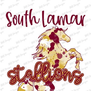 Diseño de sublimación, descarga digital de archivo PNG. Diseño de los South Lamar Stallions con salpicaduras de oro y granate.