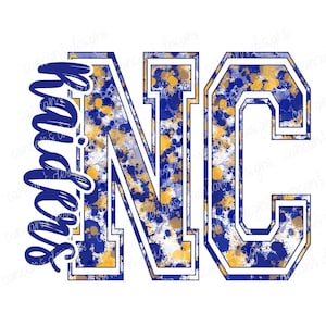 Sublimation Design, Digital Download PNG File.  Blue and Yellow Gold Splatter Varsity NC, Mascot Raiders design.