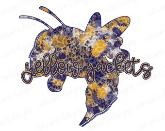 Sublimation Design, Digital Download PNG File.  Navy and Yellow splatter Yellow Jackets mascot design with Leopard Underlay.